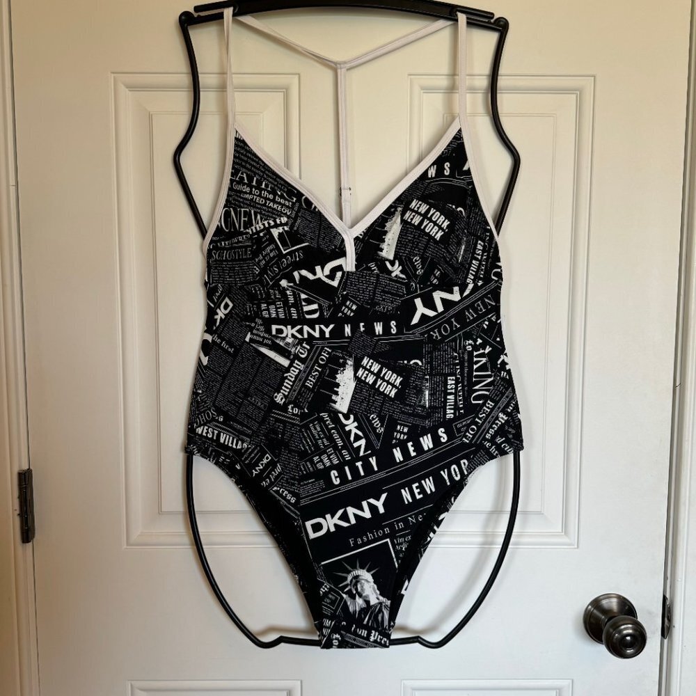DKNY LOGO 1 Piece Swimsuit Black/White • XL * NWT Retail $98